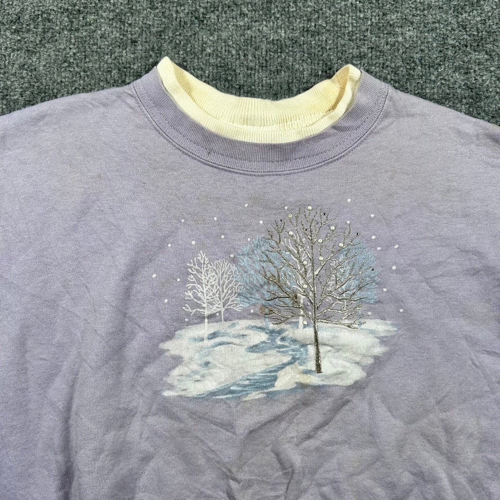 Unbranded Sweatshirt Womens XL Purple Winter Tree Graphic Layered Neck Stains